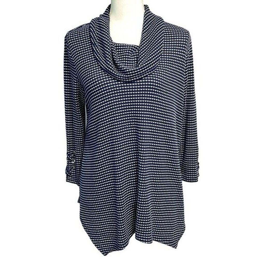 Rafaella Cowl Neck Stripes Blue White Textured Tunic‎ Sweater M Handkerchief